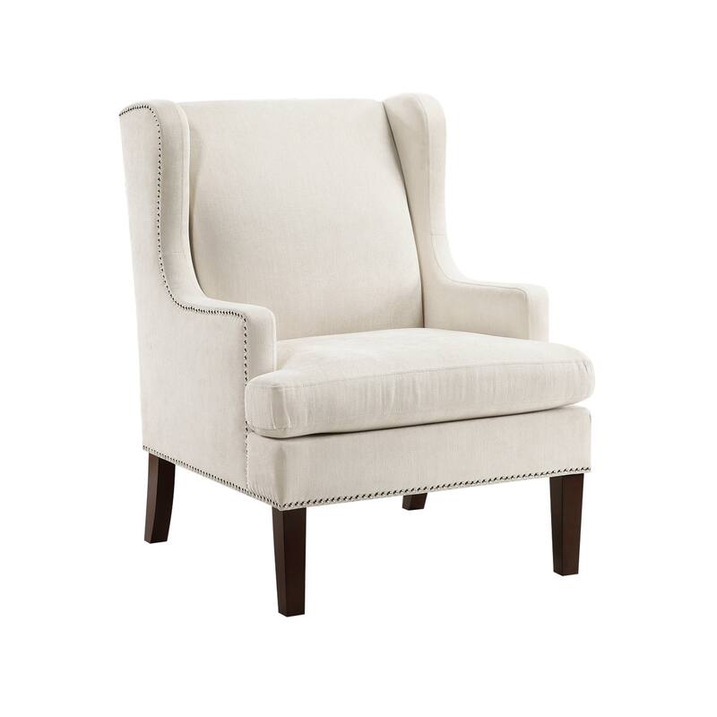 Rossana Accent Wing Armchair, Beige Polyester, Brown Wood, Nailhead