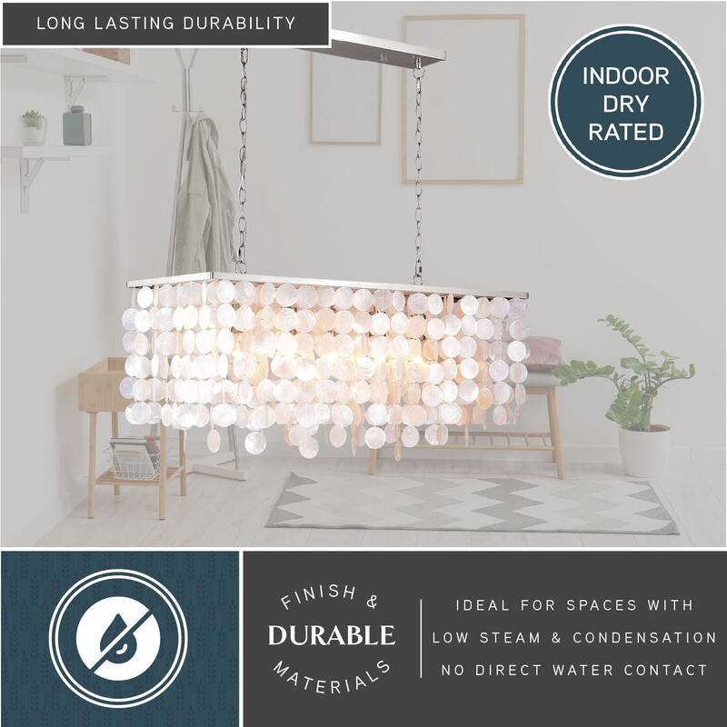 Elsa Satin Nickel Coastal Capiz Shell Rectangular Island Light Pendant Chandelier - 36-in W x 18.25-in H x 15-in D