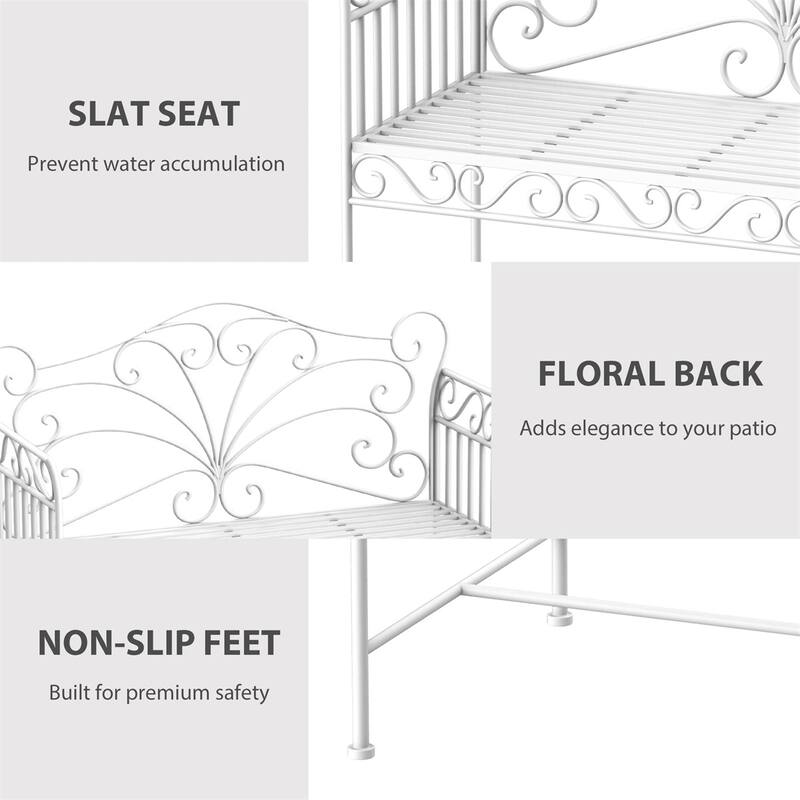 White Outdoor Garden Bench with Armrests for Patio - 44.75" L x 19.75" W x 37.75" H