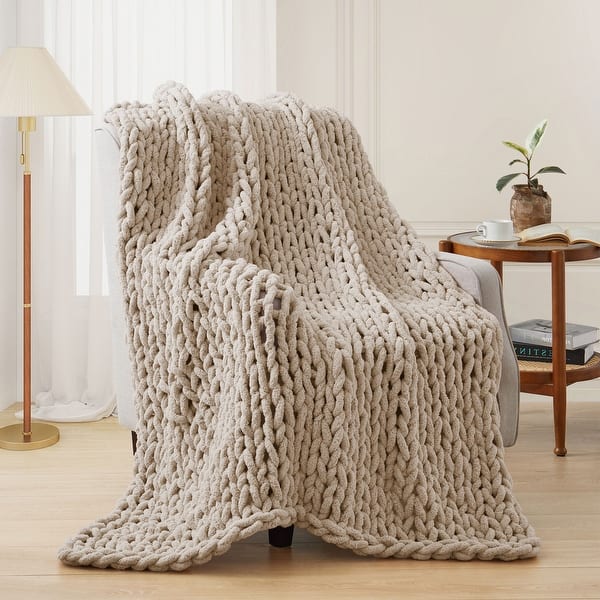 Handmade Chunky Knit Chenille Yarn Throw Blanket 50"x60" - Cream