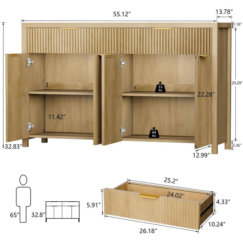 55"Fluted Sideboard Buffet Cabinet with Storage Drawers and Adjustable Shelves