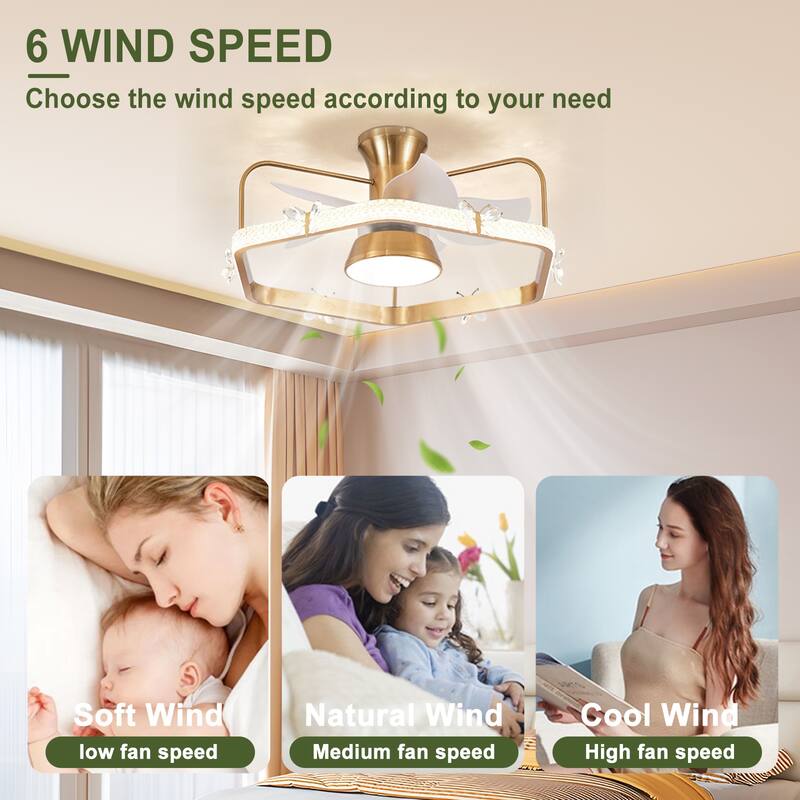 Modern Flush Mount Crystal Ceiling Fan, Gold Reversible Fandelier Fan Light for Bedroom