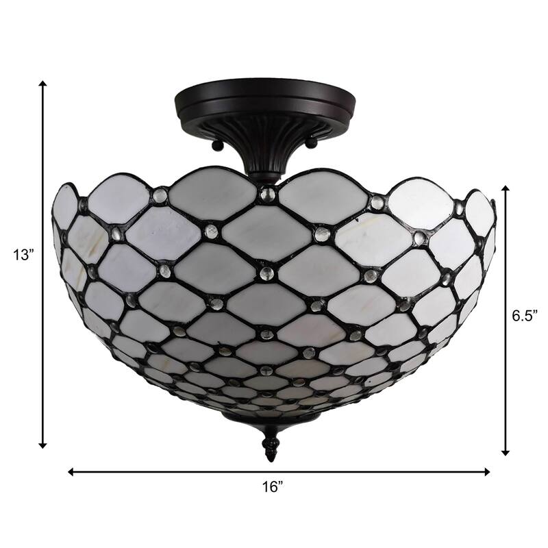 Tiffany Style Ceiling Fixture Lamp Jeweled Semi-Flush 16" Wide Stained Glass White Bedroom Gift AM086CL16B Amora Lighting