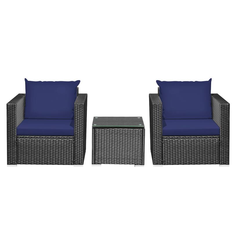 Gymax 3PCS Rattan Patio Conversation Furniture Set Outdoor w/ Navy - See Details