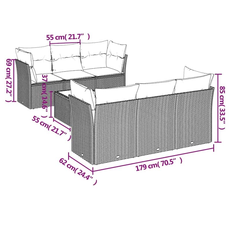 vidaXL 7 Piece Patio Sofa Set with Cushions Brown/Gray Poly Rattan - 24.4 x 24.4 x 27.2