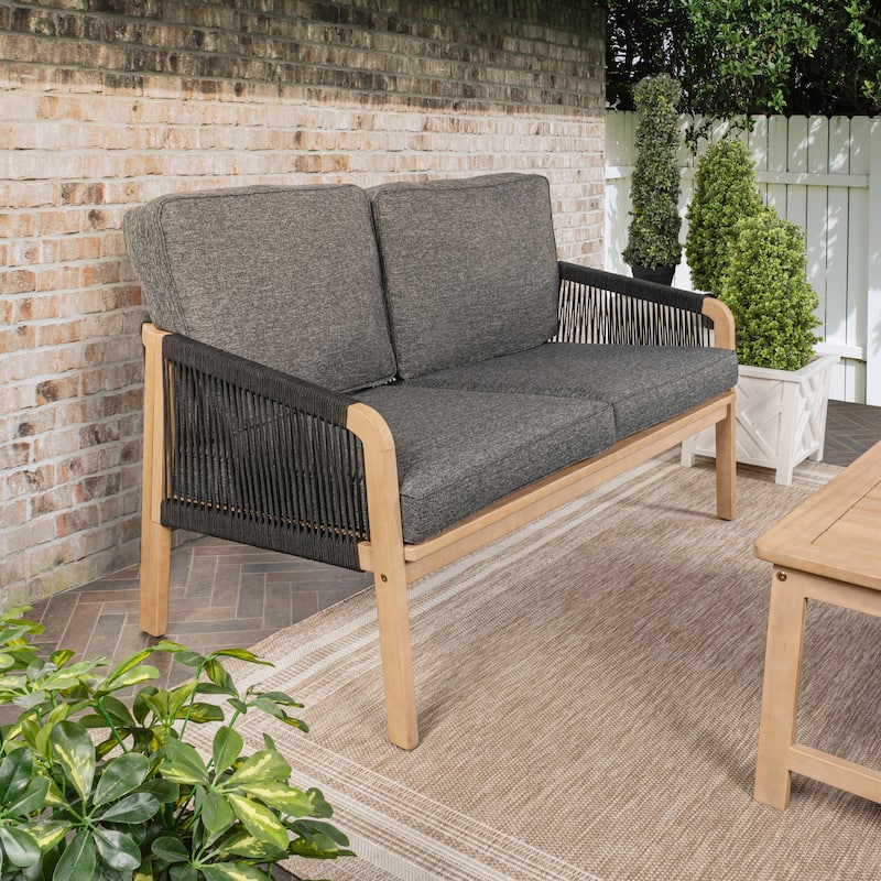 Gable Modern Bohemian Roped Acacia Wood Outdoor Loveseat with Cushions, by JONATHAN Y