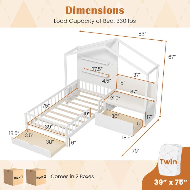 Gymax Twin Size House Bed Kids Platform Bed w/ Padded Bench & Floating