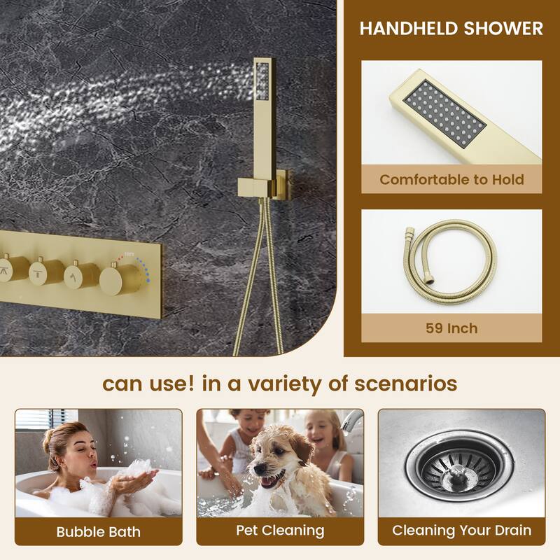 Thermostatic 4-Spray 28 in. x 15 in. Ceiling Mount Fixed and Handheld Dual Shower Head 2.5 GPM with LED Mood Light & Music