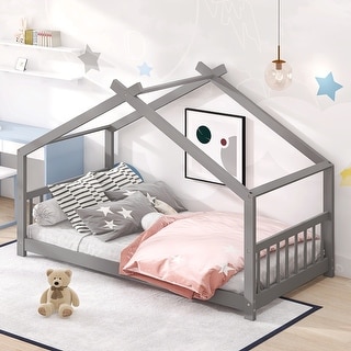 Roomfitters Twin Size House Bed with Wooden Frame, Modern Loft Design, Grey