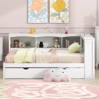 Twin Size Daybed with Trundle, Storage Cabinets and USB Ports, Wood Daybed Frame w/L-Shaped Bookcases, Slats Support