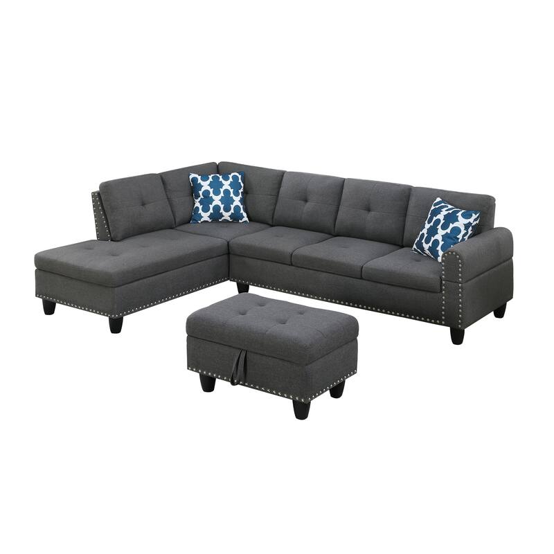 98" Wide Left Hand Facing Sofa & Chaise with Ottoman in Dark Gray Linen