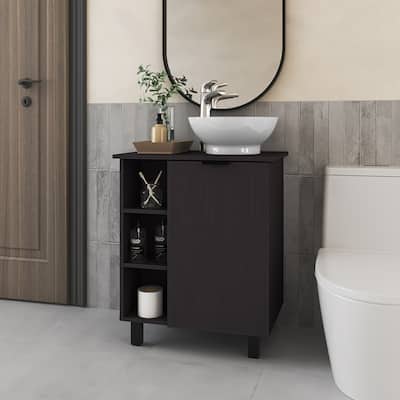 Compact bathroom vanity with open shelves