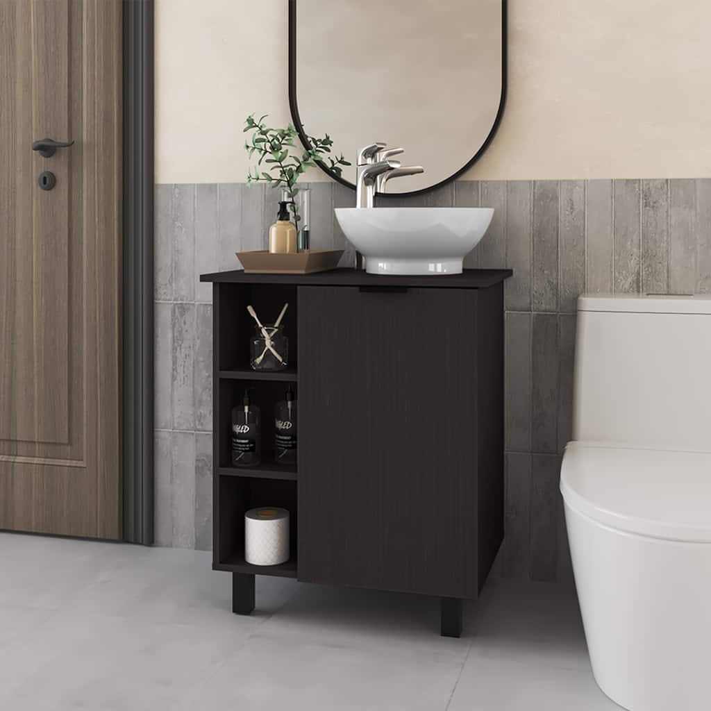 Compact bathroom vanity with open shelves