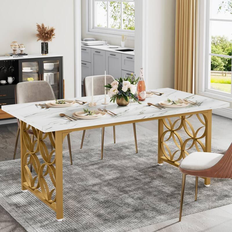 63-inch Modern Dining Table for 4-6 People, Rectangular Marble Dinner Table with Gold Metal Frame for Home Kitchen