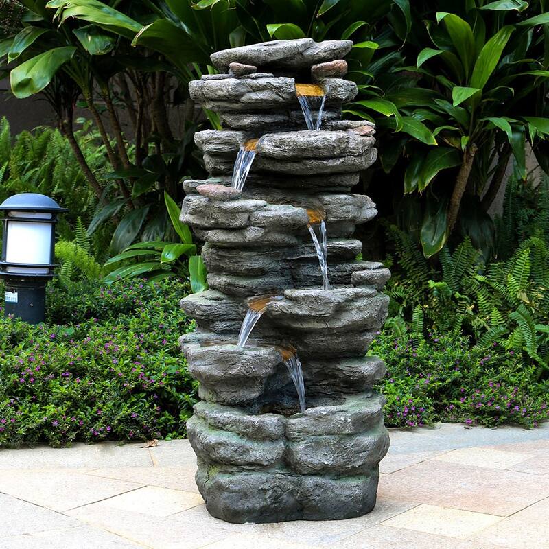 40-Inch H Tired Outdoor Water Fountain Cascading Waterfall w/Light