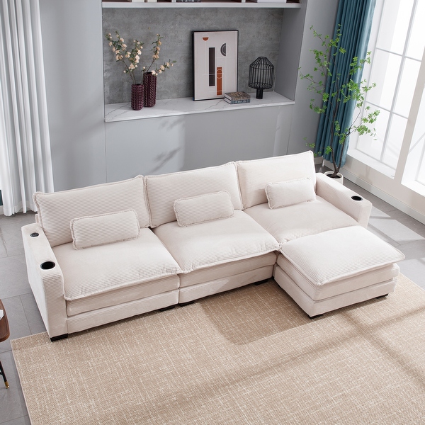 Beige 120 Corduroy L Shaped Modular Sectional Sofa with Removable Ottoman USB Port Cup Holders Free Combination Design Bed Bath Beyond 40873032