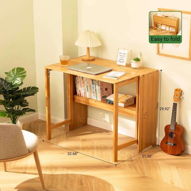 Bamboo Folding Desk for Small Spaces, Space-Saving Computer Table for Home Office & Dorm
