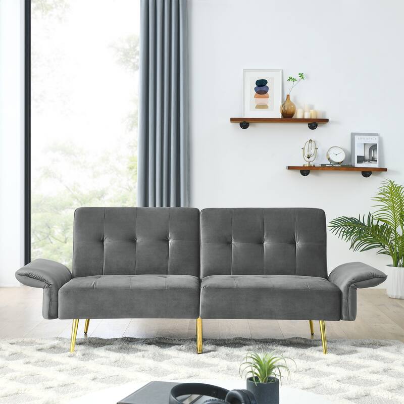 Velvet Futon Sofa Bed with Folded Armrests