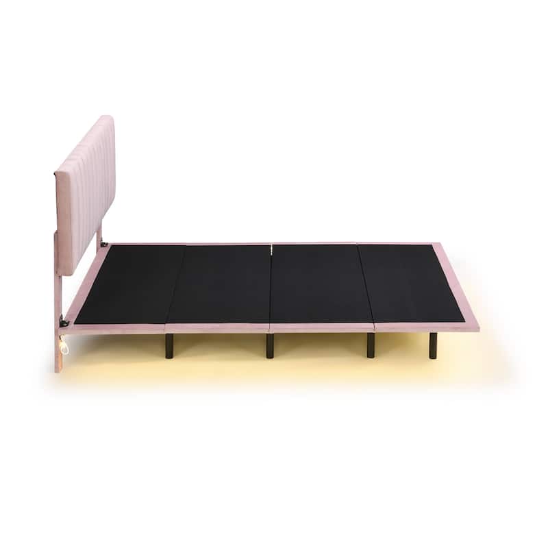 Queen Size Upholstered bed with Sensor Light and Headboard, Floating Velvet Platform bed, Pink