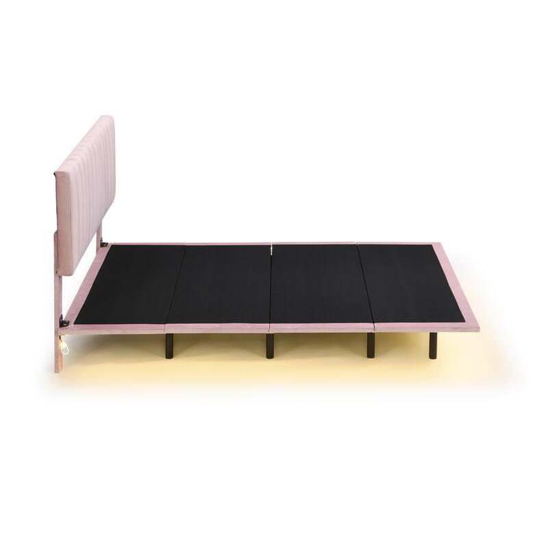 Queen Upholstered Velvet Bed with Sensor Light and Floating Frame - Modern Platform Bed with Headboard, No Box Spring Required