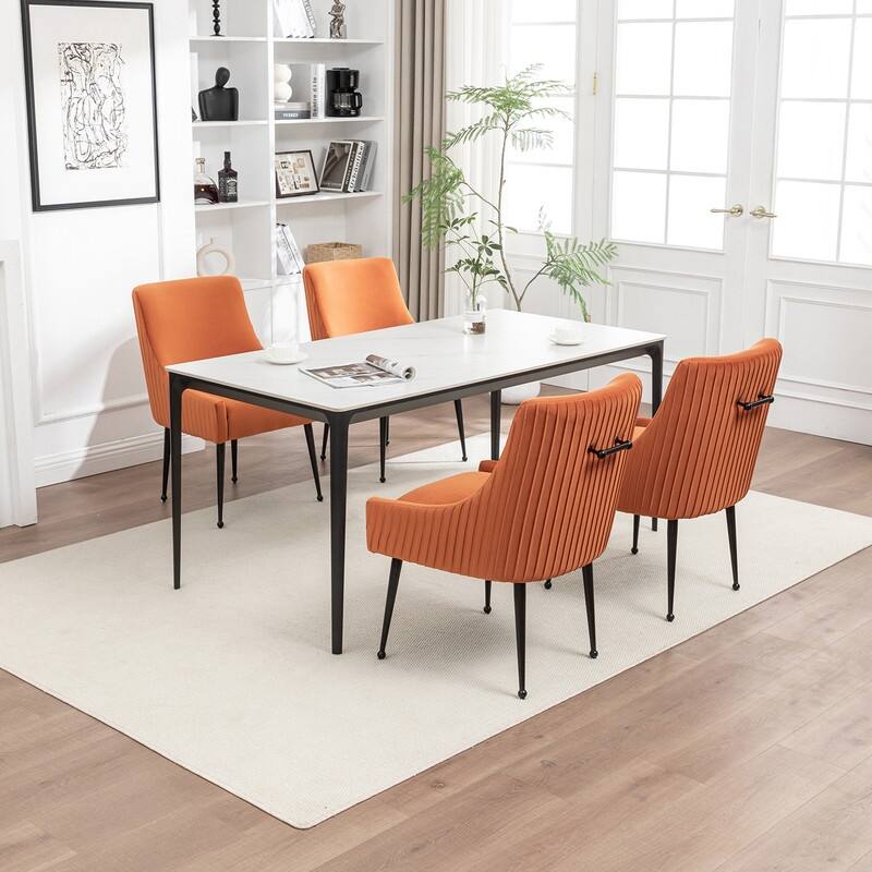 SEYNAR Modern Glam Velvet Black Metal Legs Dining Chair or Vanity Chair Set of 4 with Rear Handle - Orange