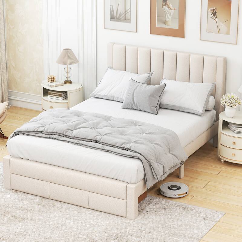 Gymax Queen Size Bed Frame w/Storage Drawer & Vertical Channel