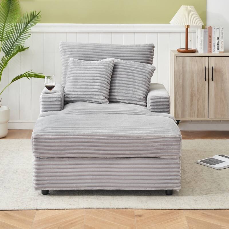 Corduroy Single Sofa+Ottoman, Cup Seats and No Cup Seats - 1 Cup Holder - Grey