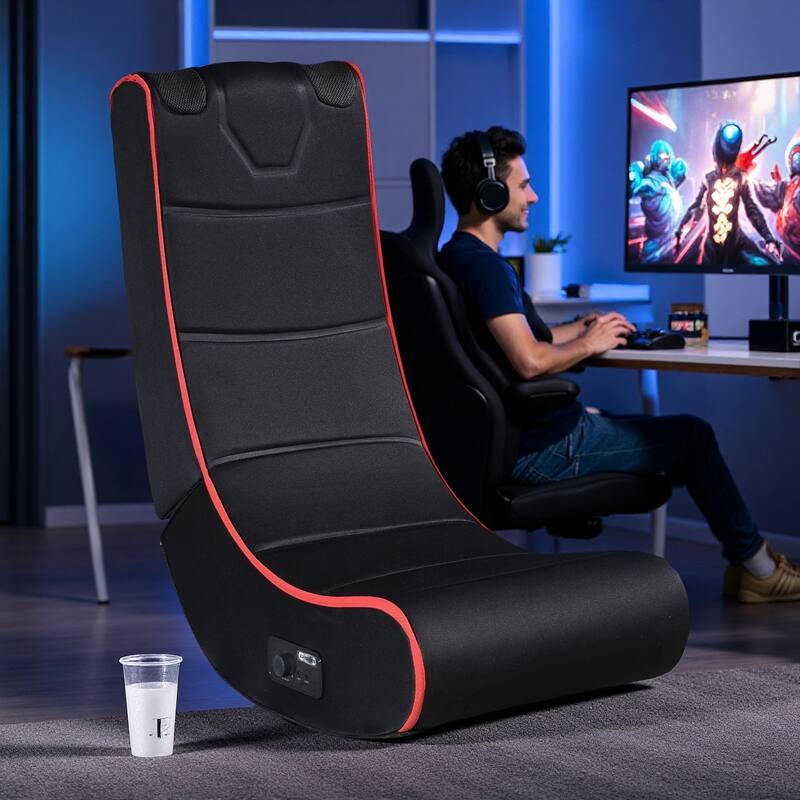 Polyester Foldable Gaming Chair with Bluetooth Speakers, LED Lighting, Vibration Massage and USB Charging Port - Red/Black
