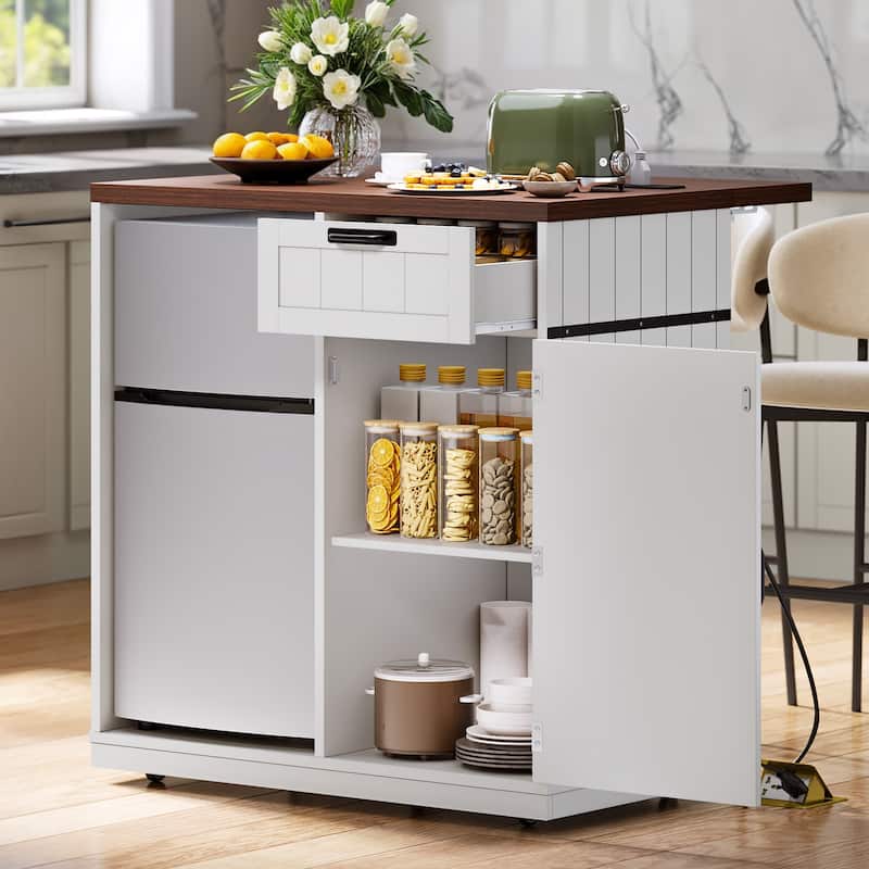 Moasis Kitchen Island with Mini Fridge Space and Drop Leaf & Power Outlet