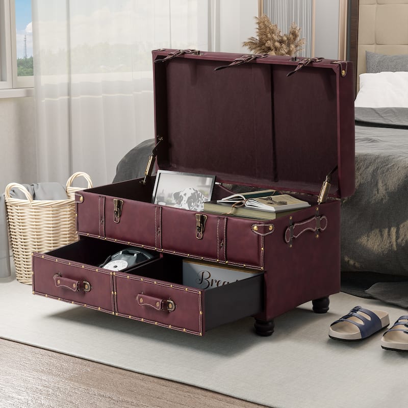 COZAYH Vintage Storage Ottoman Bench, Chest Cabinet with Latch Closure and Buckle for Bedroom Closet Home Organizer Decorative