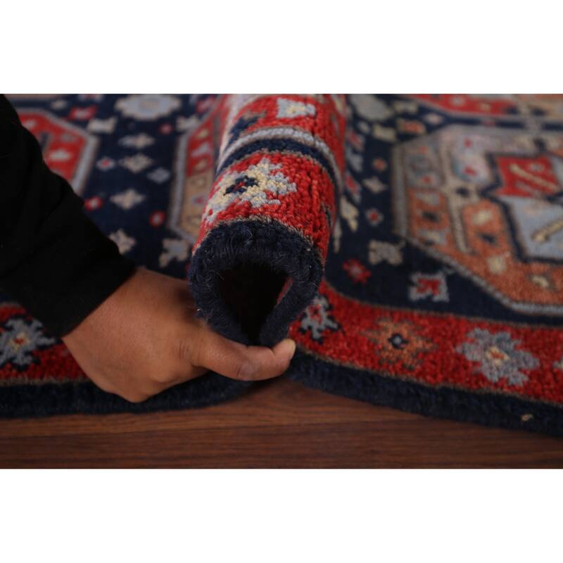 Geometric Navy Blue Khotan Indian Rug Hand-Knotted Wool Carpet - 4'0"x 6'1"