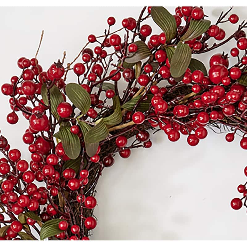 22" Artificial Christmas Red Holly Berry and Green Leaves Wreath on Natural Twig Base