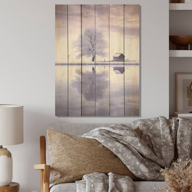 Designart "Winter Landscape Purple By The Lake" Winter Landscape Wall Art Purple Wood Panel On Natural Pine Wood