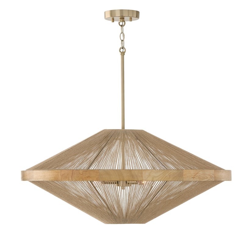 4-Light Pendant in Matte Brass with Mango Wood and Handwrapped Natural Jute Rope String - 31"W x 13.75"H