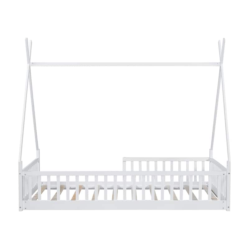 Twin Size Wood House Bed with Fence