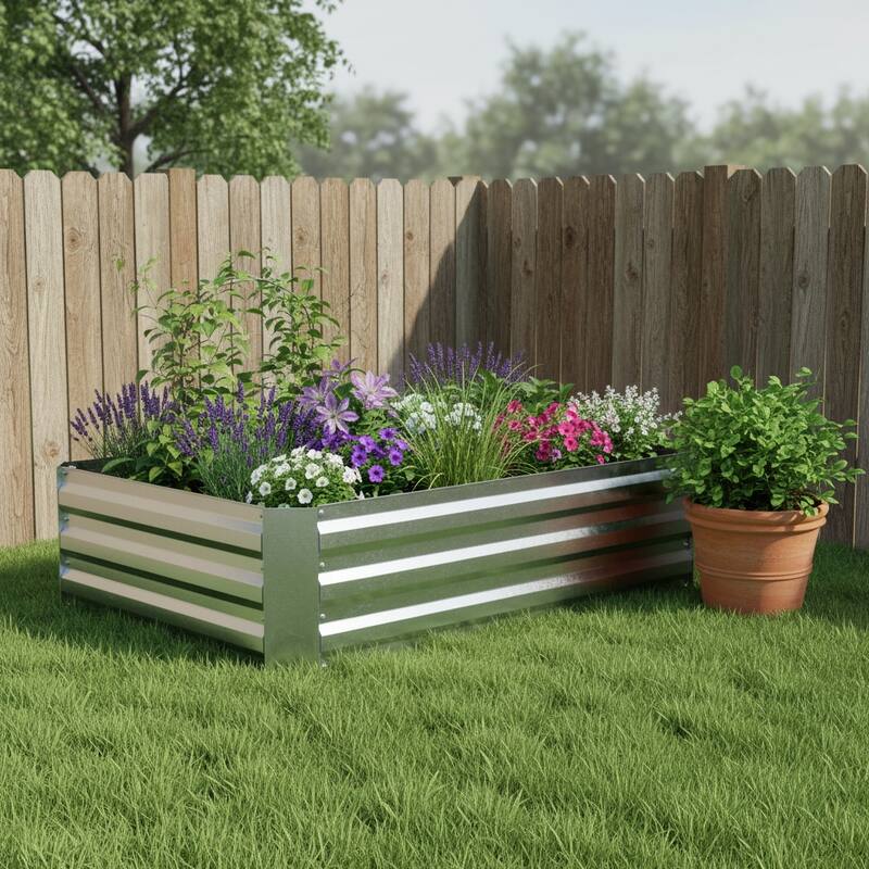 HomeRoots 12" X 48" Silver Steel Rectangular Raised Garden Bed - Silver