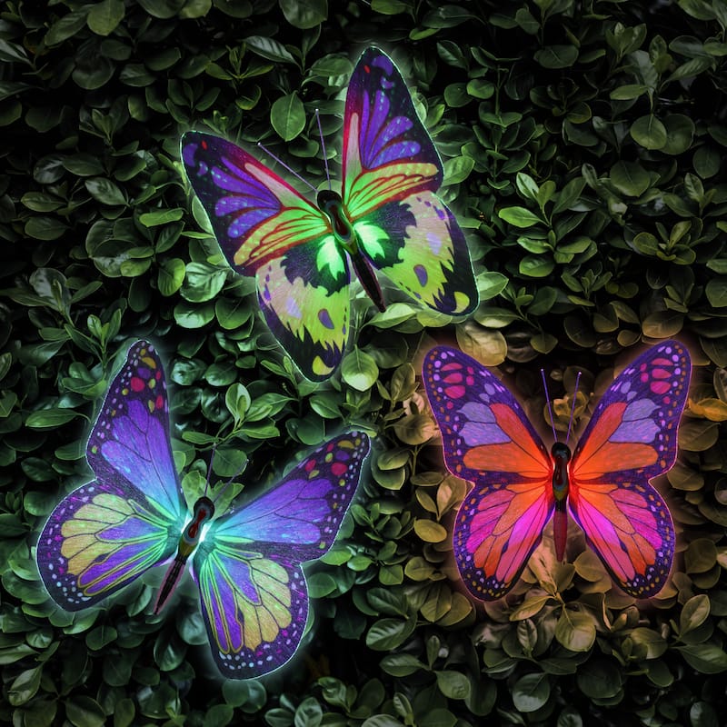 Exhart Solar Fiber Optic Color Changing Butterfly Garden Stake Set of 3 with LED Stake, 5 by 30 Inches