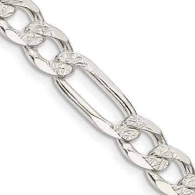 Curata 925 Sterling Silver 7mm Pave Flat Figaro Chain Necklace For Men