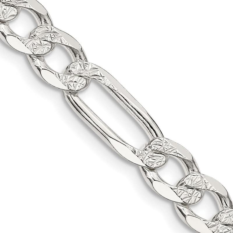 Curata 925 Sterling Silver Solid 7mm Pave Flat Figaro Chain for Men