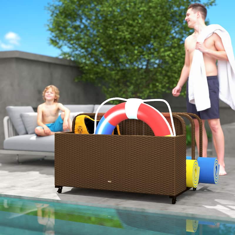 Outdoor Pool PE Rattan Float Storage Organizer with Three Sections and Wheels Steel Frame - 43.25" L x 36.8" W x 29.5" H - Brown