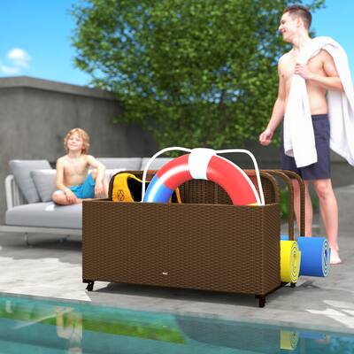 Outdoor Pool PE Rattan Float Storage Organizer with Three Sections and Wheels Steel Frame - 43.25" L x 36.8" W x 29.5" H
