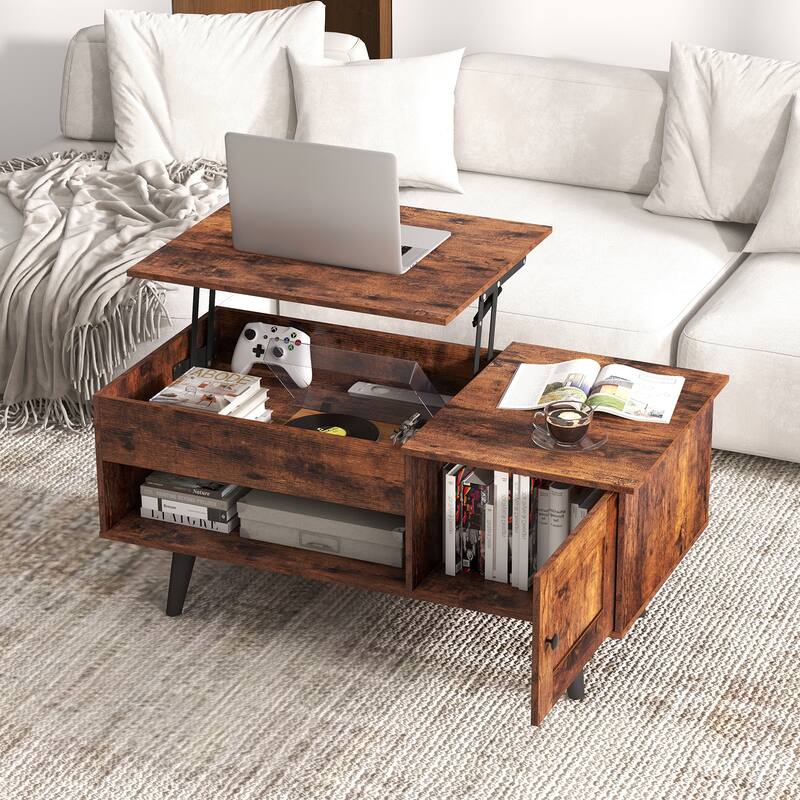 Open Shelf Coffee Table with Lift-Top Workstation and Hidden Storage Cabinet for Living Room - 39.5" x 19.5" x 18" (L x W x H)