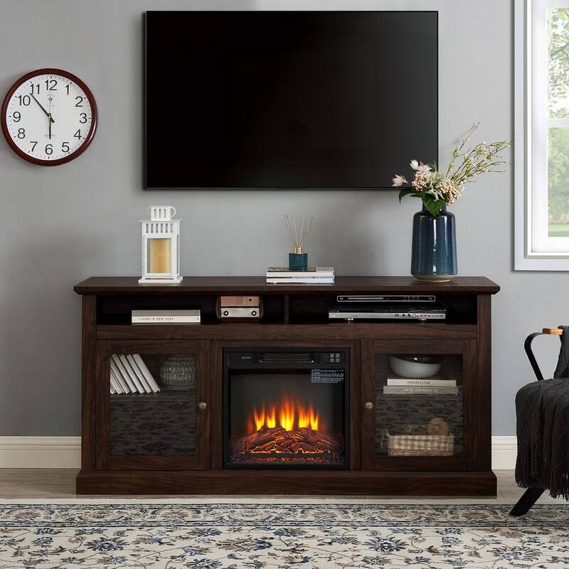 60'' American Traditional Style Contemporary TV Media Stand with Fireplace Insert