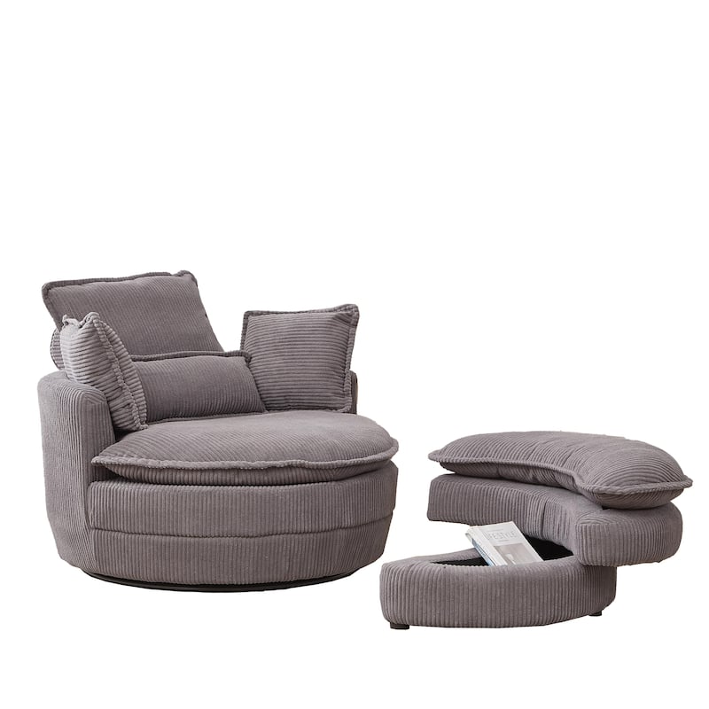 52" Upholstered Swivel Barrel Chair with Moon Storage Ottoman