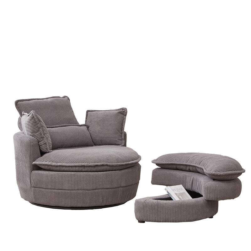 Grey Modern 52" Upholstered Swivel Barrel Chair with Moon Storage Ottoman and Pillows