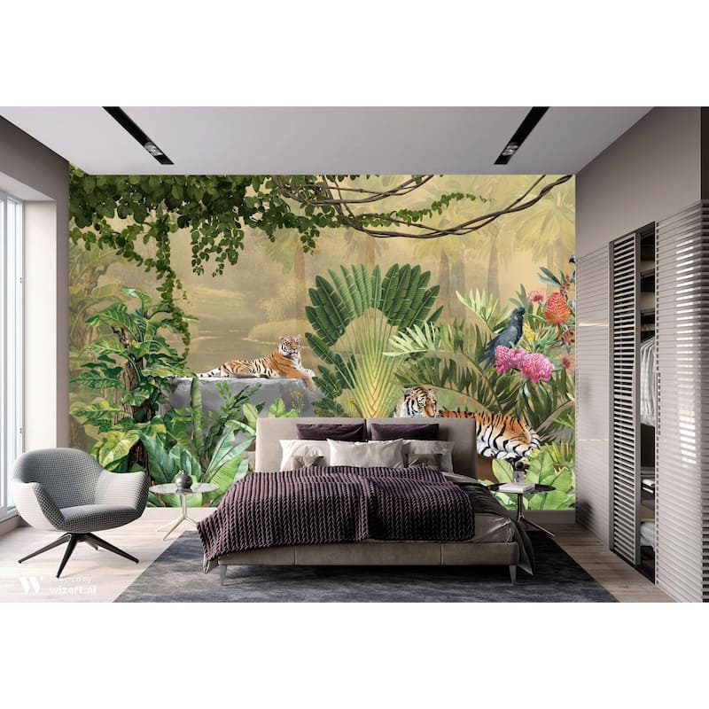 Exquisite Jungle Wallpaper Mural Tigers Tropical Flora Exotic Birds