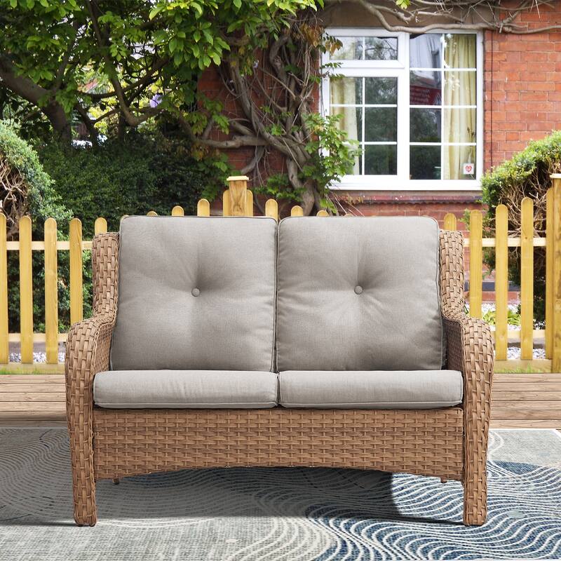 Pocassy Outdoor Loveseat Sofa 2-Seat PE Rattan - Yellow - Beige