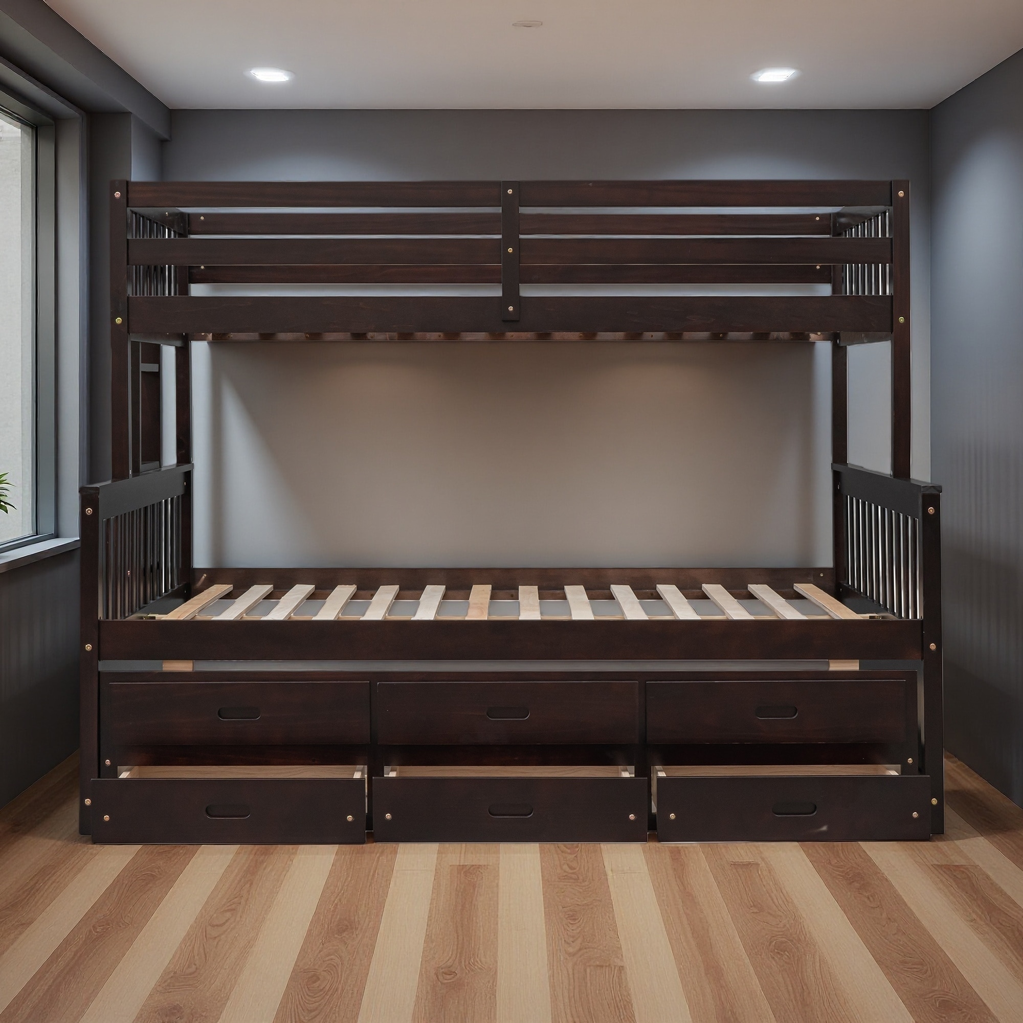 Twin Over Full Wood Bunk Bed with Twin Trundle and 3 Drawers