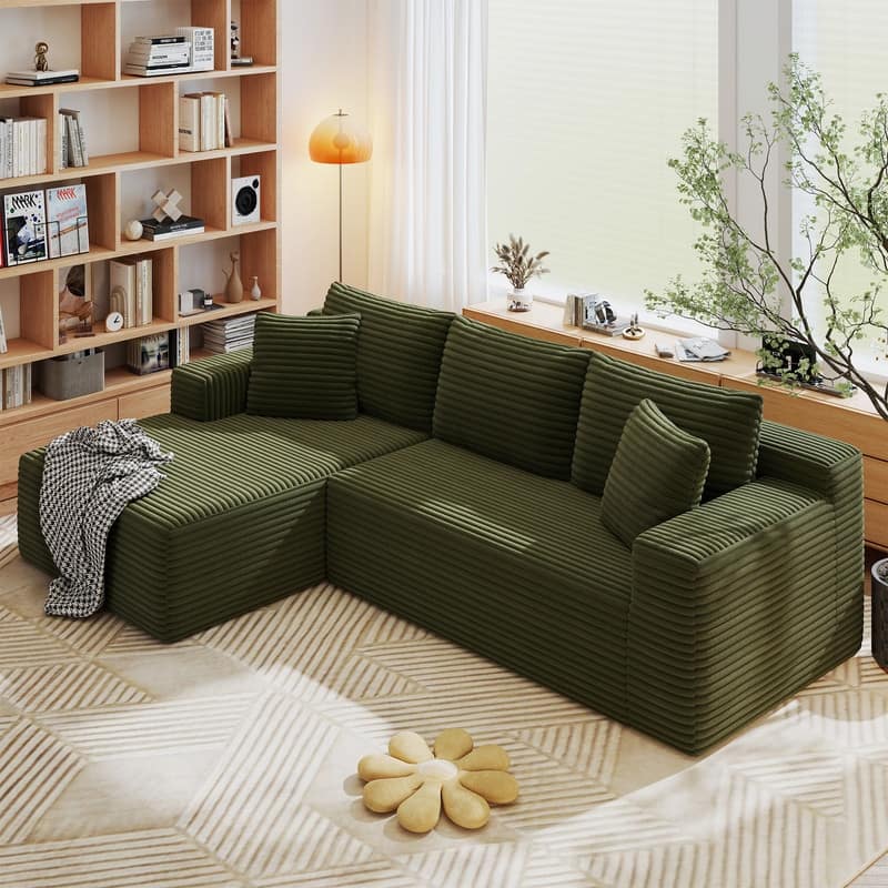 Rossetta L-Shaped Modular Cloud Corduroy Sectional Sofa with Deep Seat, Left Facing - Green