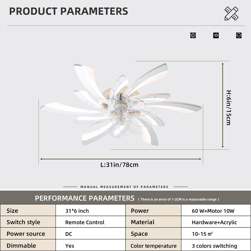 30.7In Ceiling Fan with Lights, Remote Control 3 Color Temperatures,6 Gear wind Speed Fan Light